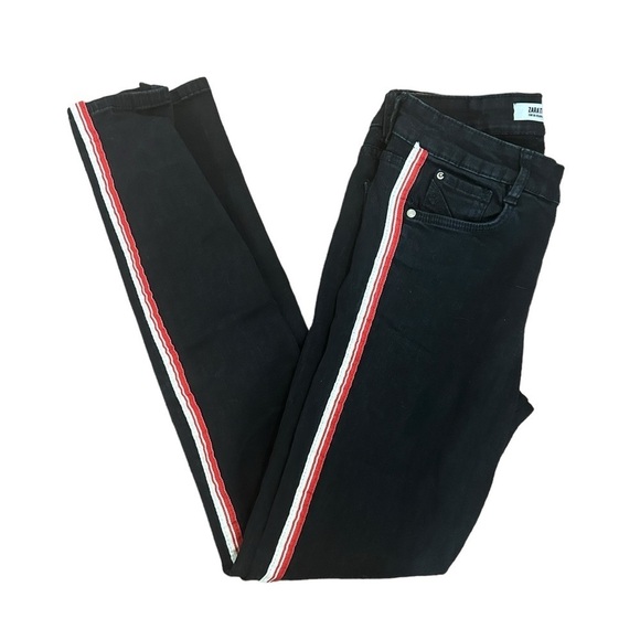 Zara Trafaluc Black Denim Stretch Skinny Jeans Black w/ Red & White Stripes Sz 4 - Picture 1 of 11